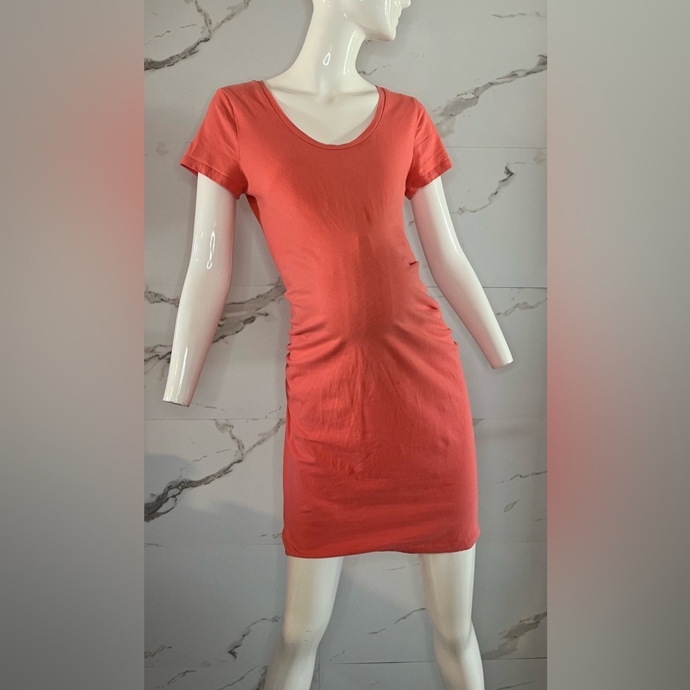 Old Navy Maternity Coral Ruched Stretch Cotton Mini T-shirt Dress Size M - Picture 2 of 7